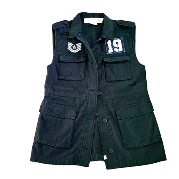 Womens Utility patchwork style long Vest S/M jacket cinch waist pockets navy - Picture 1 of 9